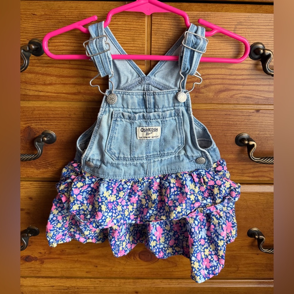 Oshkosh denim overall 2 tier floral dress 12m